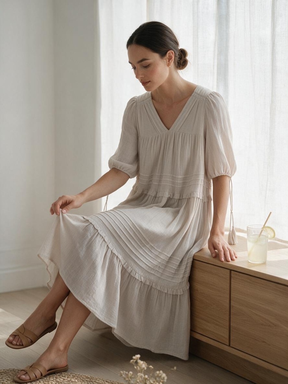 Listicle Boho Tiered Midi Dress Large Cream Beige V-Neck Ruffle pheasant granola